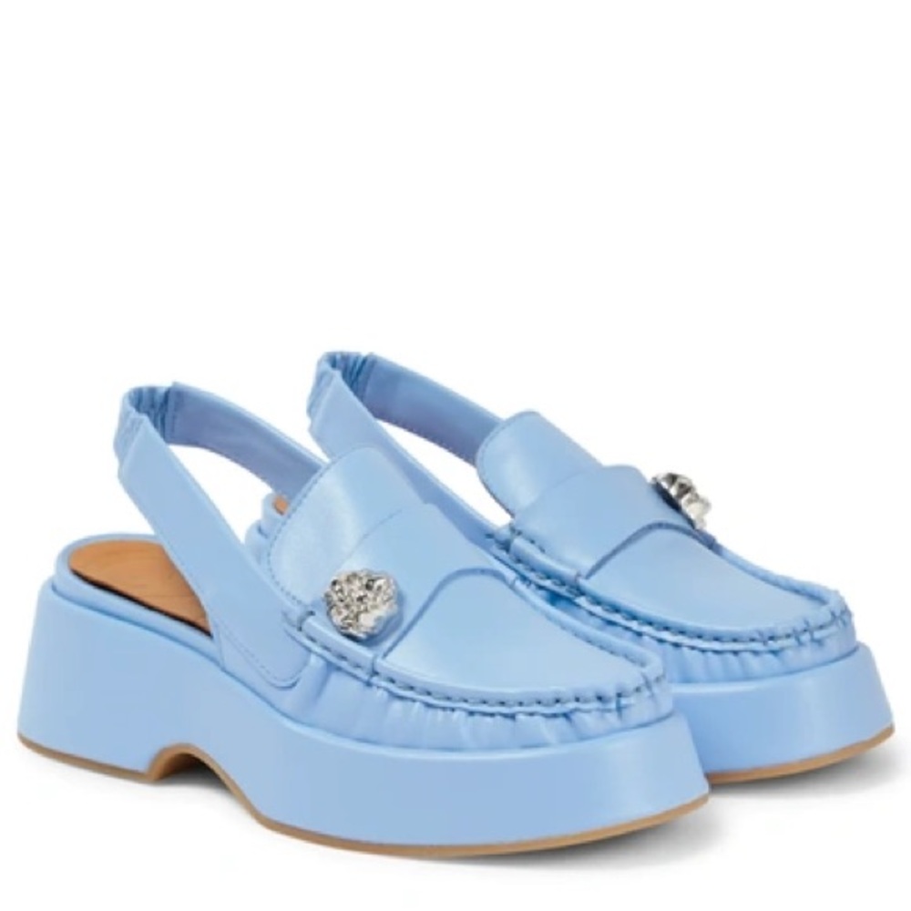 Ganni Retro Slingback Leather Loafers Mules Blue Placid